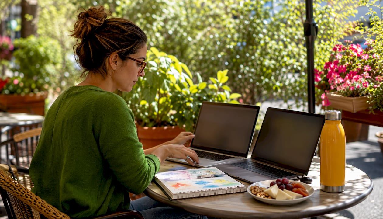 Small business owner comparing software on laptops