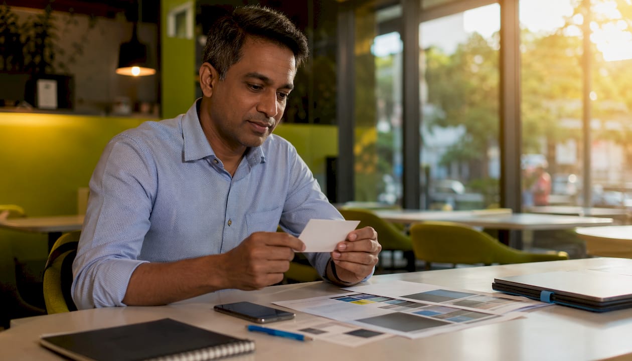 Hands comparing business card and phone for NAP details