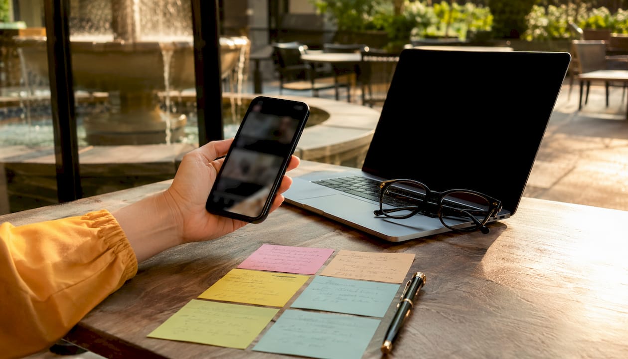 Desk with smartphone showing TikTok metrics notes