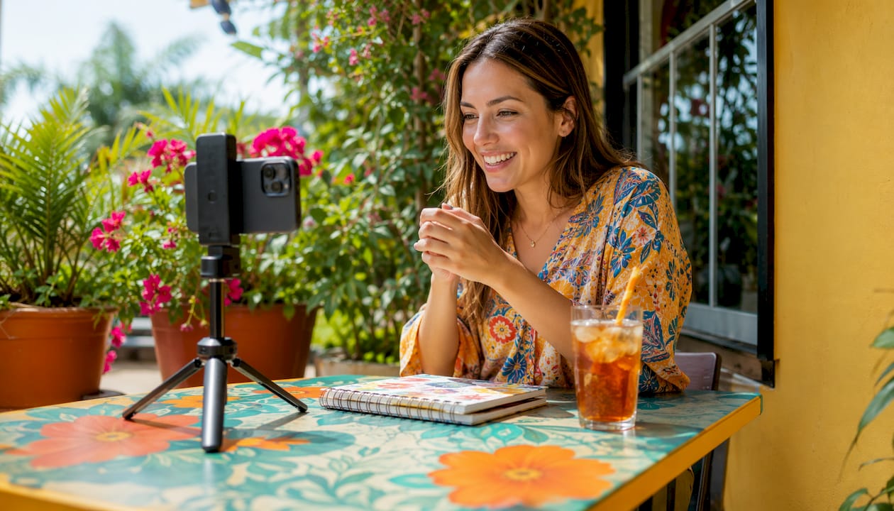 Small business owner recording TikTok video at home