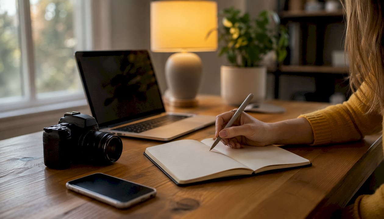 Overhead view of testimonial content preparation tools on desk