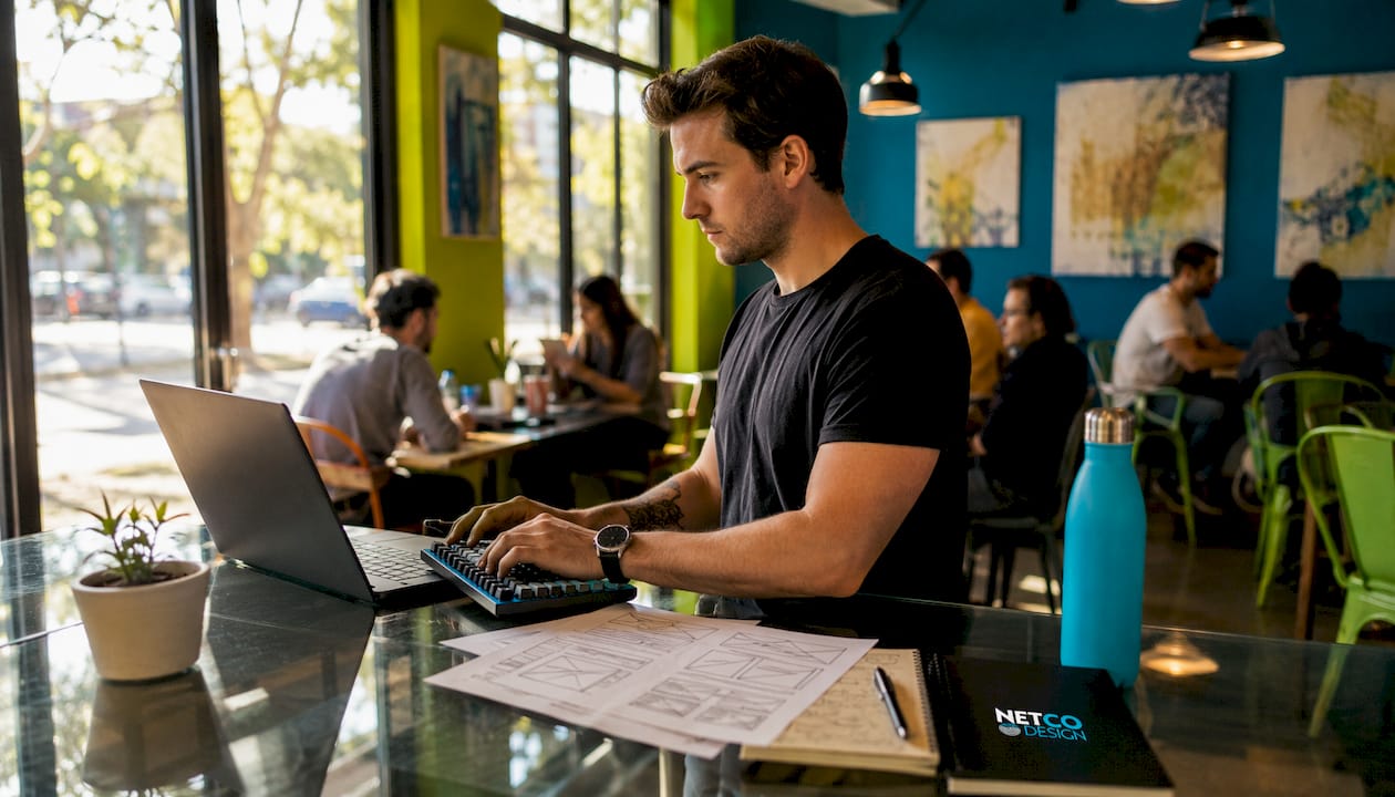 Hands typing local landing page code