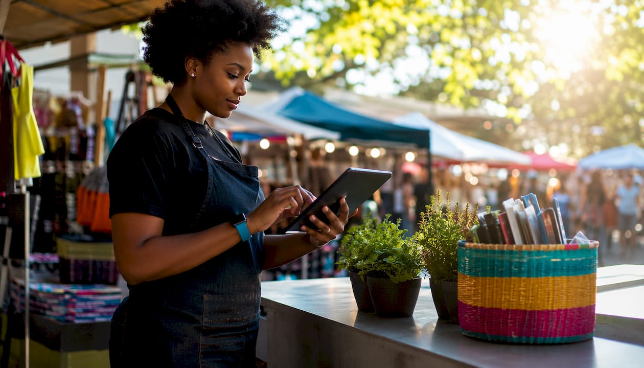 Retail assistant managing online reviews on tablet