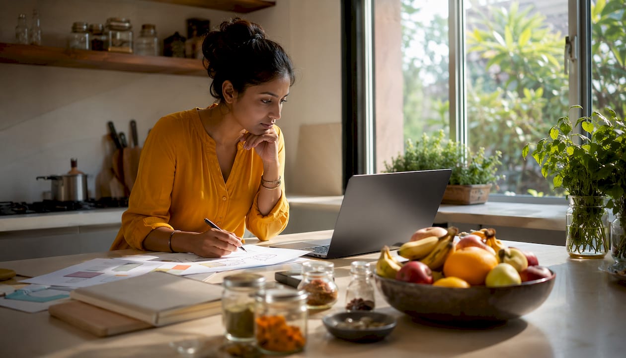 Woman working on design tools at home office