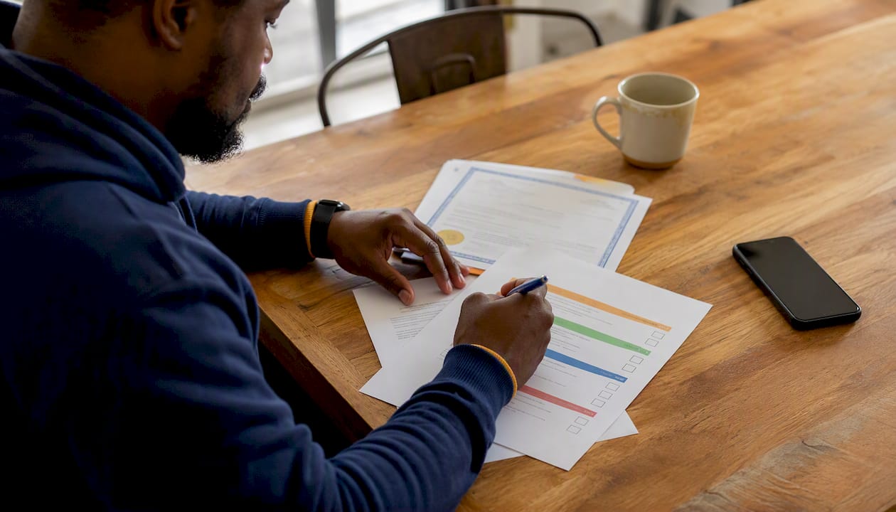 Hands arranging business setup documents on desk