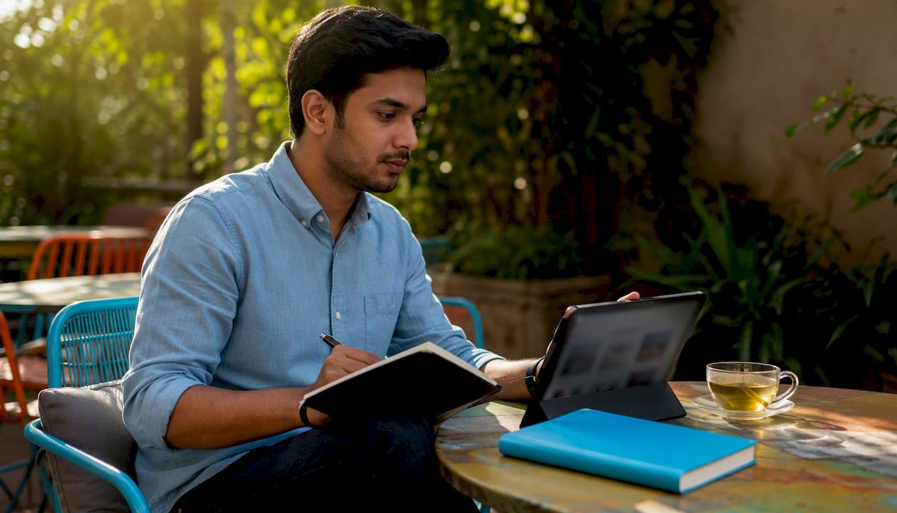 Man comparing website platform options at desk