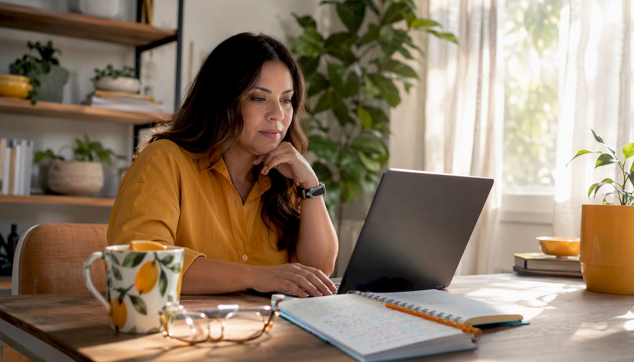 Small business owner monitoring social media at home
