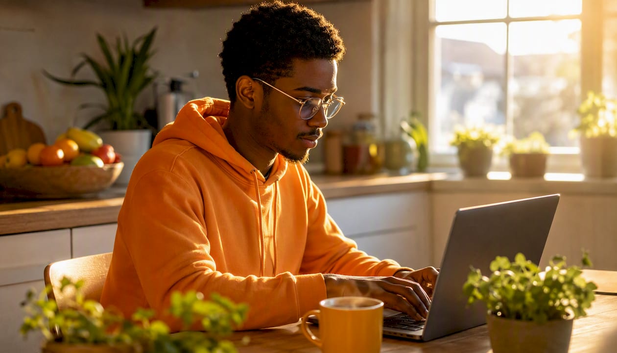 Employee typing personal LinkedIn post at home desk