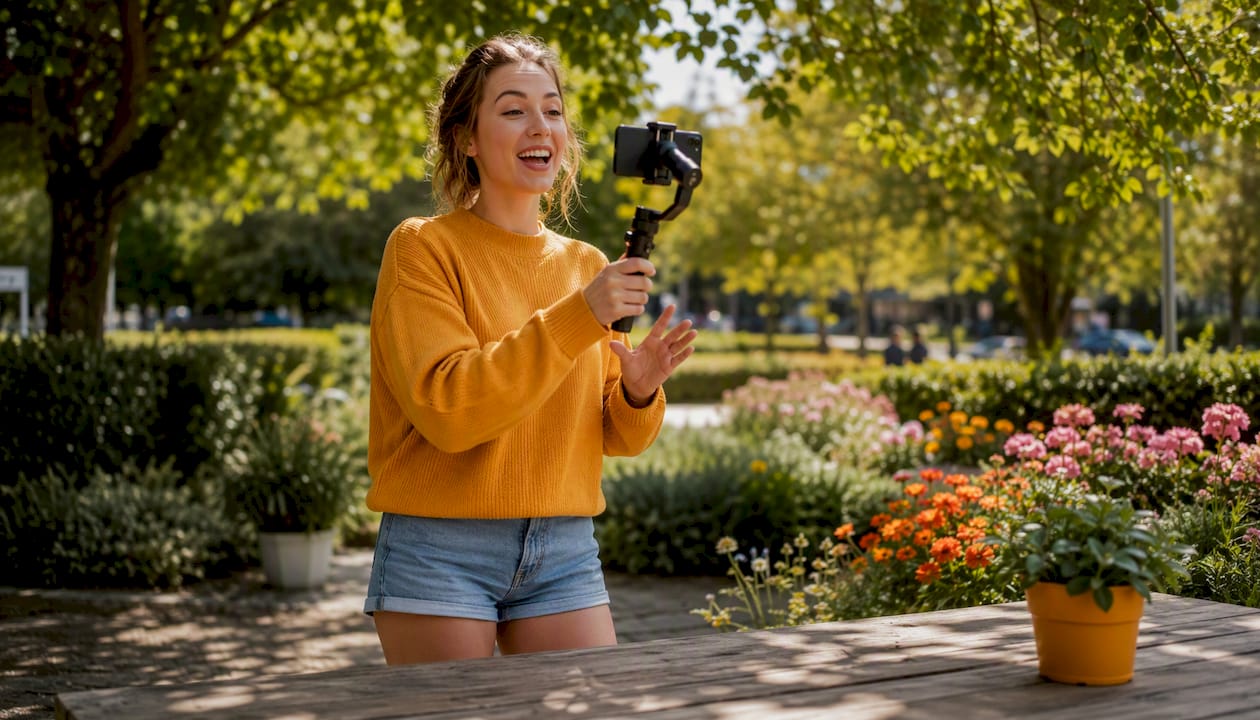 Woman recording short-form video in coworking lounge