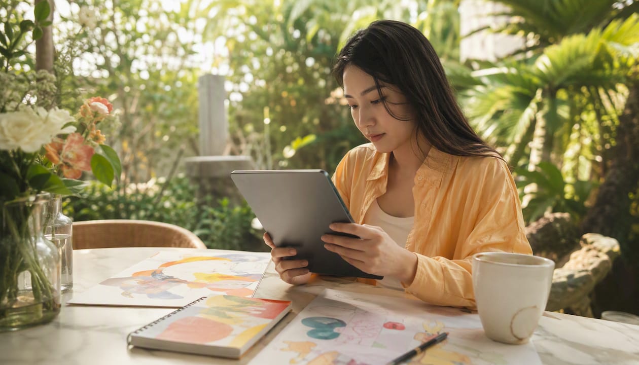 Woman reviewing social media platforms at home desk