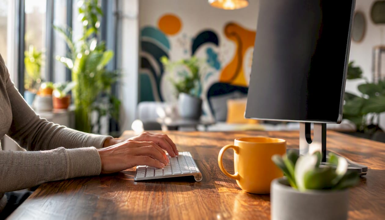 Hands typing near dark monitor in warm office