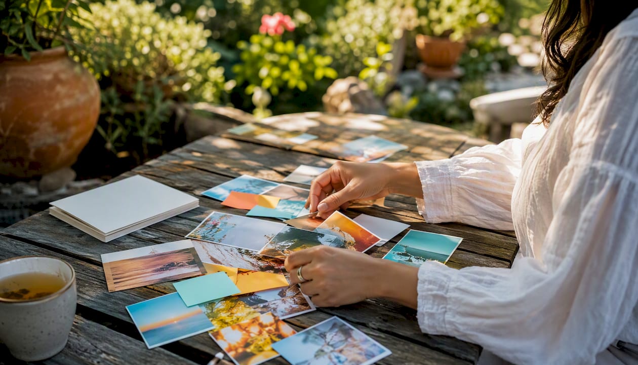 Hands organizing social media content on table