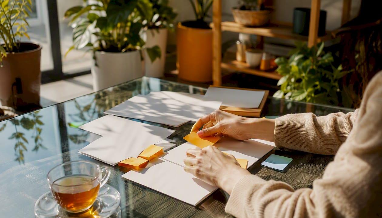 Hands arranging social media strategy notes on desk