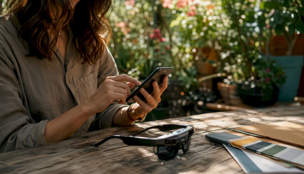 Hands interacting with smartphone for AR filter