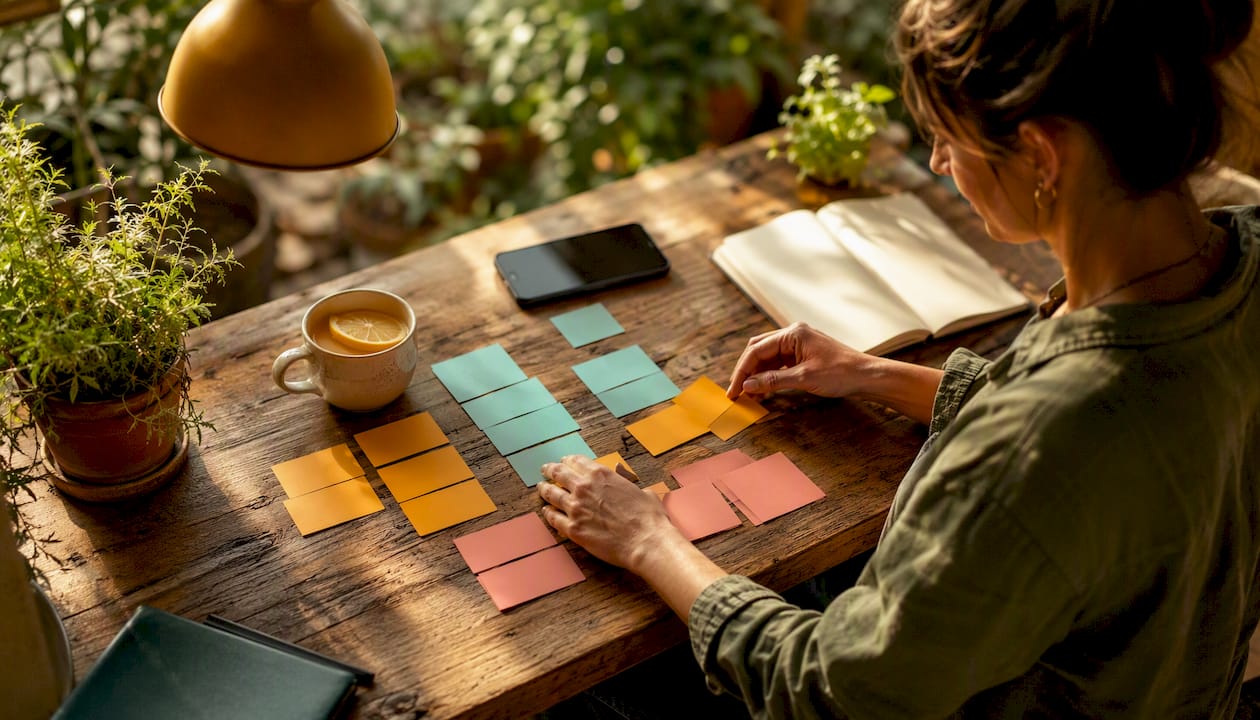 Hands arranging social media content cards on table