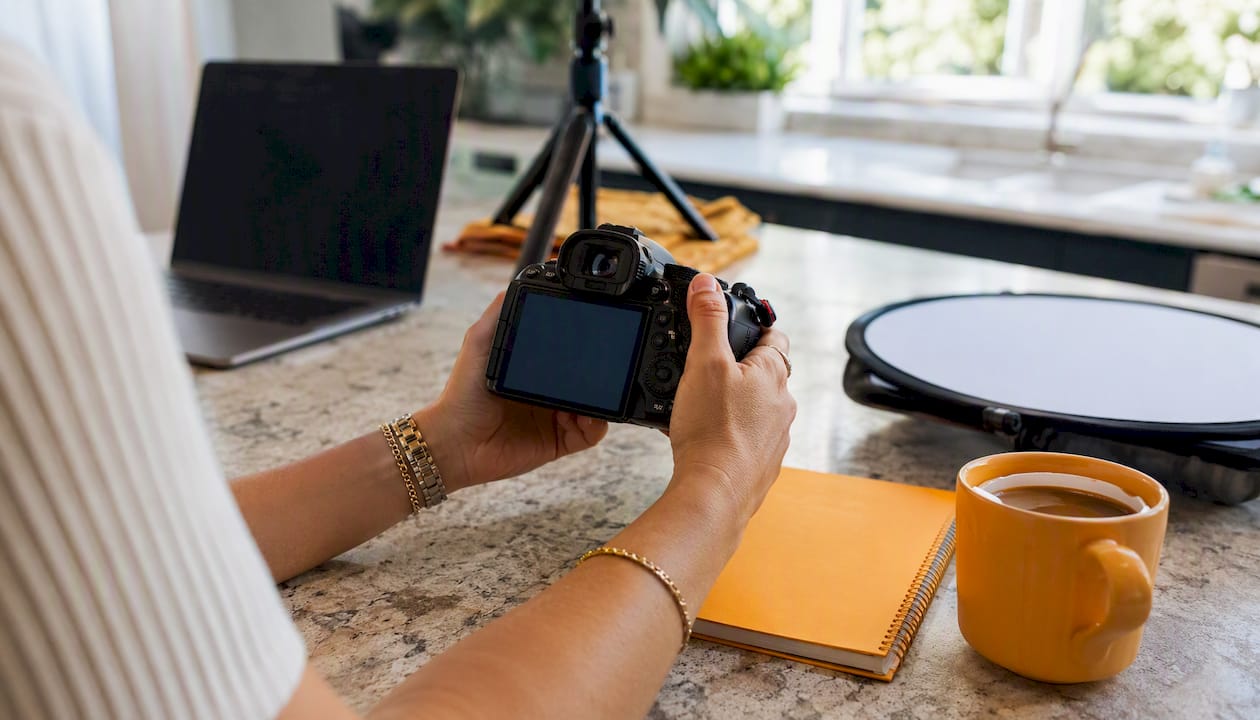 Hands adjusting camera on video production desk
