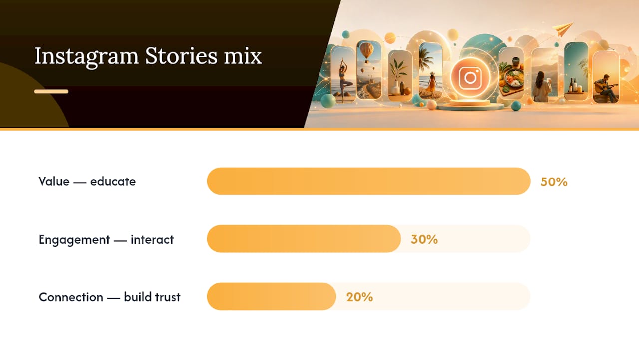 Diagram of Instagram Stories 50-30-20 content mix framework