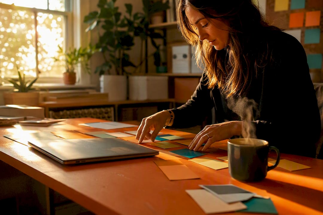 Business owner organizing social media strategy notes