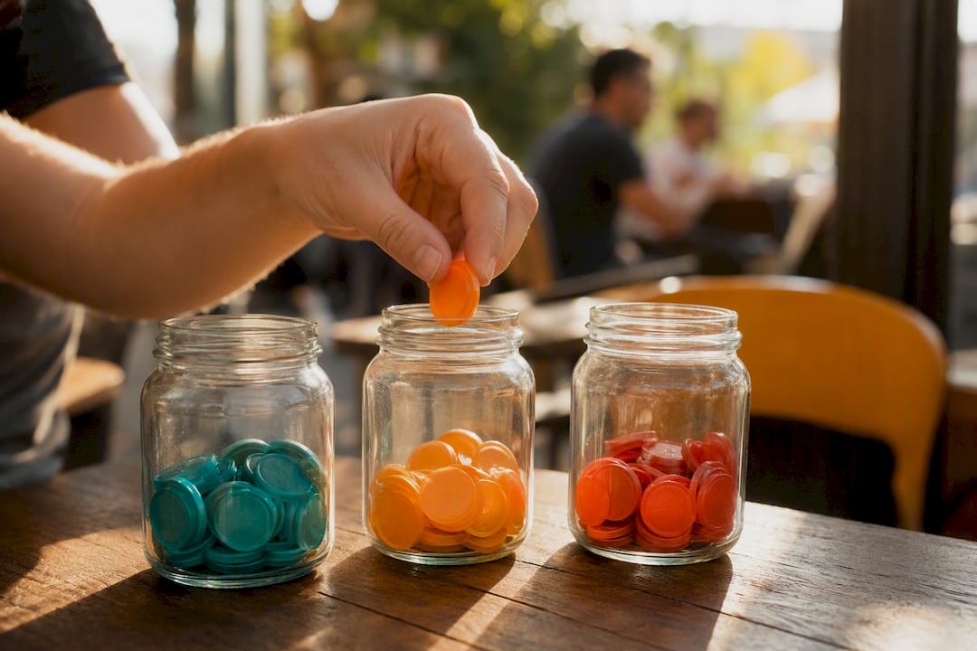 Hand dropping token into labeled jar