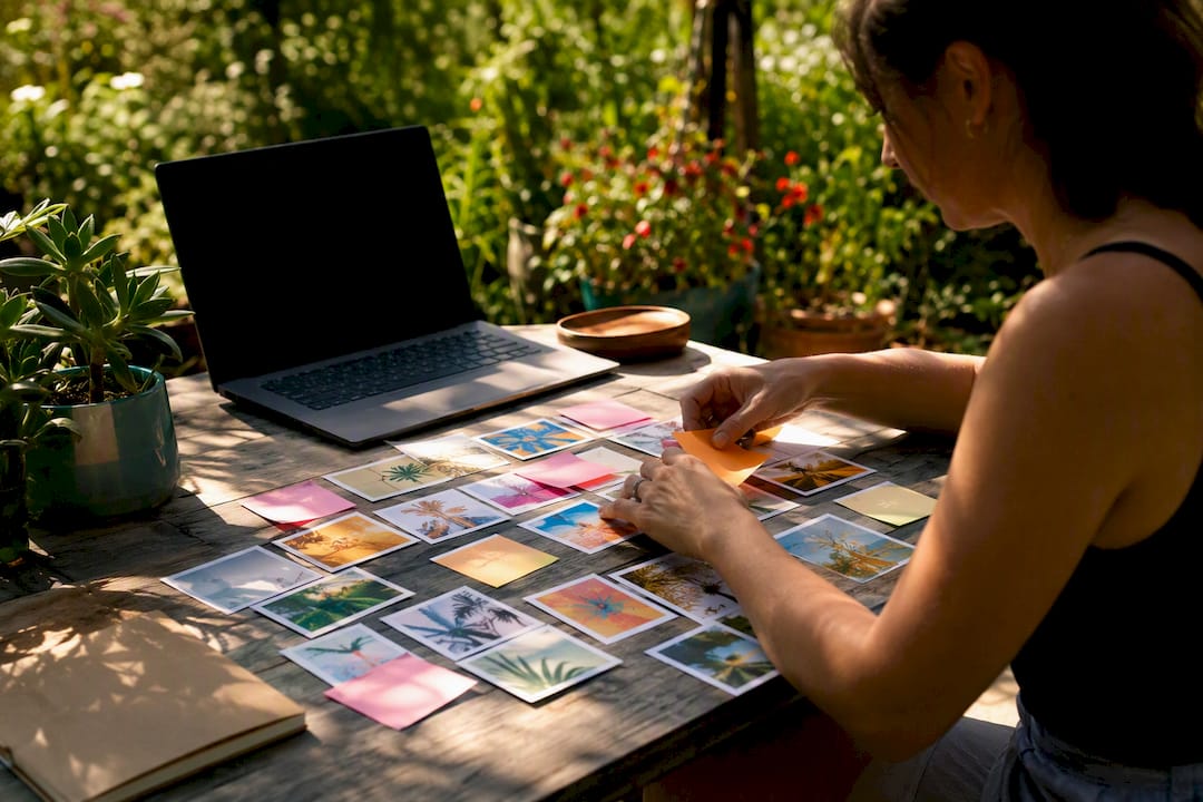 Hands organizing social media content calendar on desk