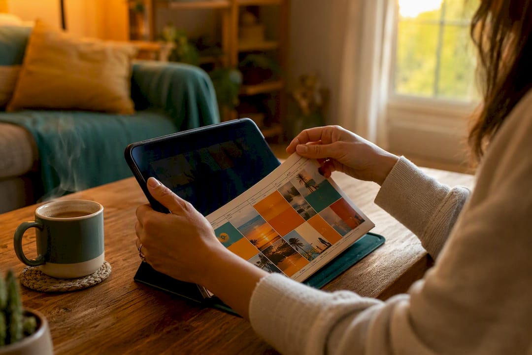 Hands adjusting weekly planner and smartphone on desk