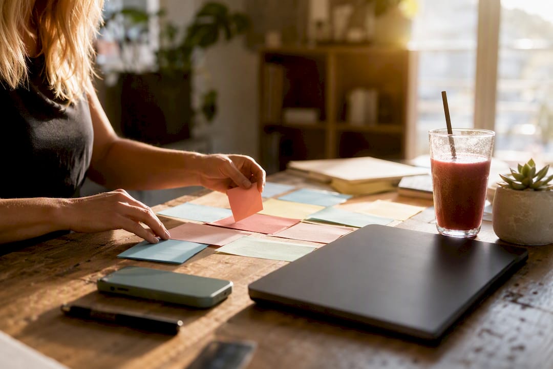 Hands organizing social media content notes on desk