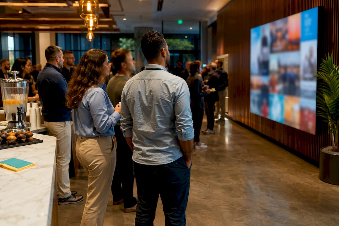 Social wall beside a busy event queue