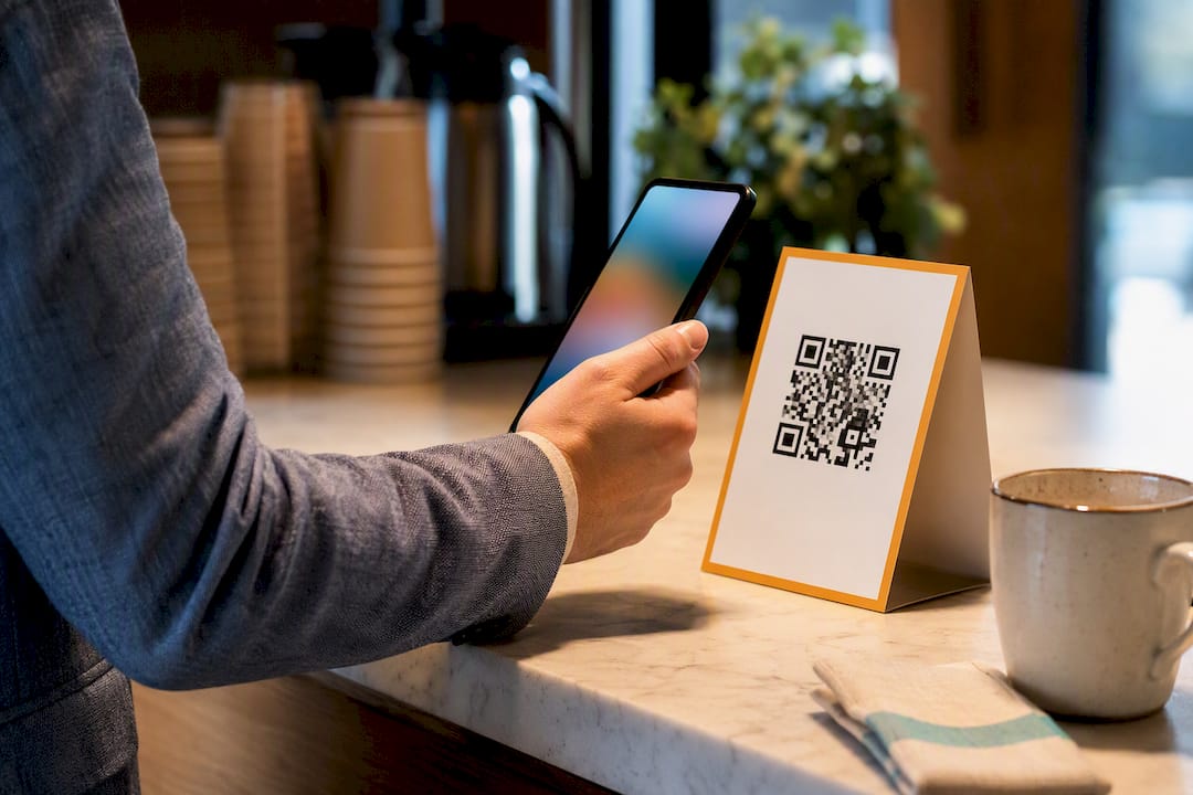 Attendee scanning QR sign at coffee station