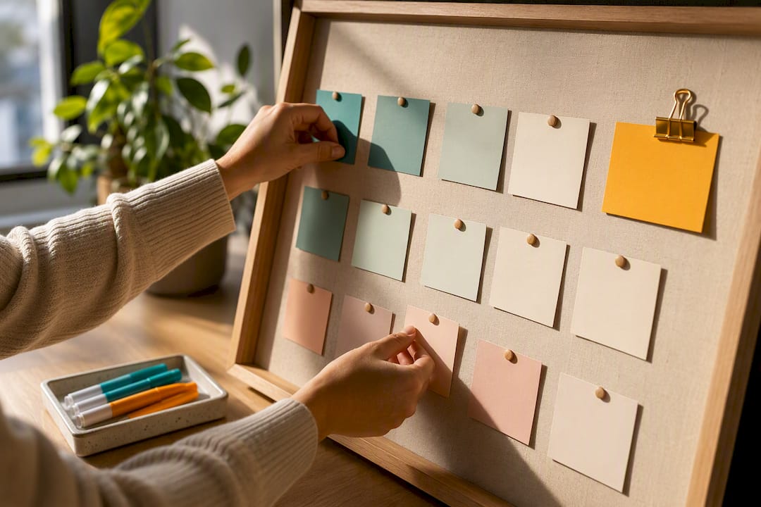 Hands arranging a monthly content calendar