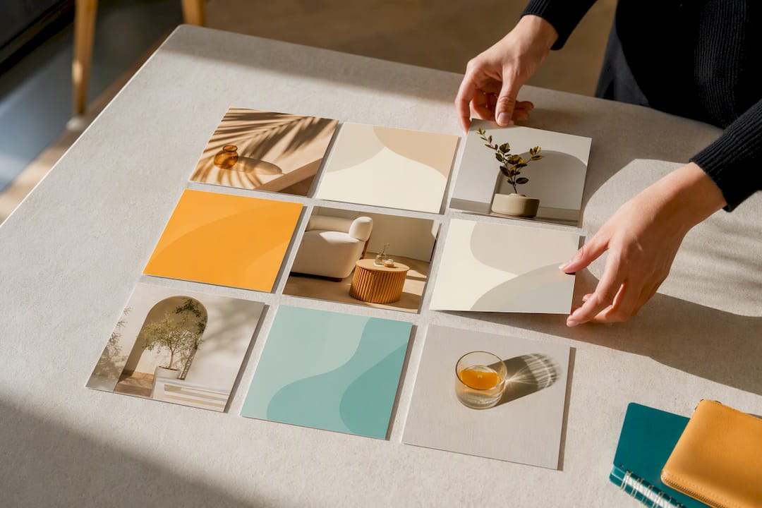 Hands arranging a nine-post Instagram grid
