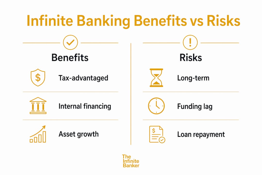 Infographic comparing benefits and risks of infinite banking