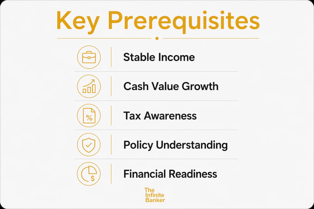Infographic illustrating key prerequisites for infinite banking strategy