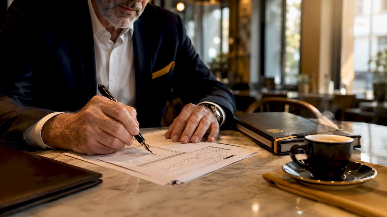 Investor’s hands taking notes on financial documents outdoors