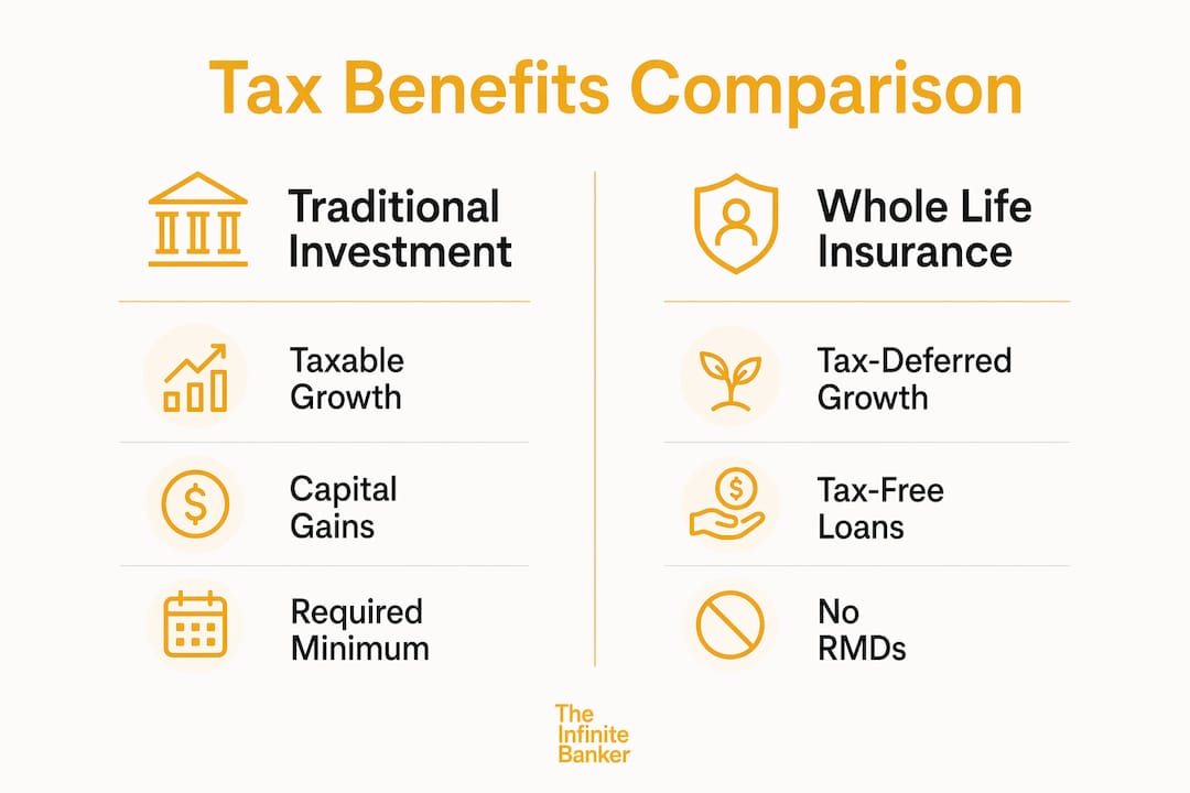 Infographic comparing tax benefits of investments and whole life insurance
