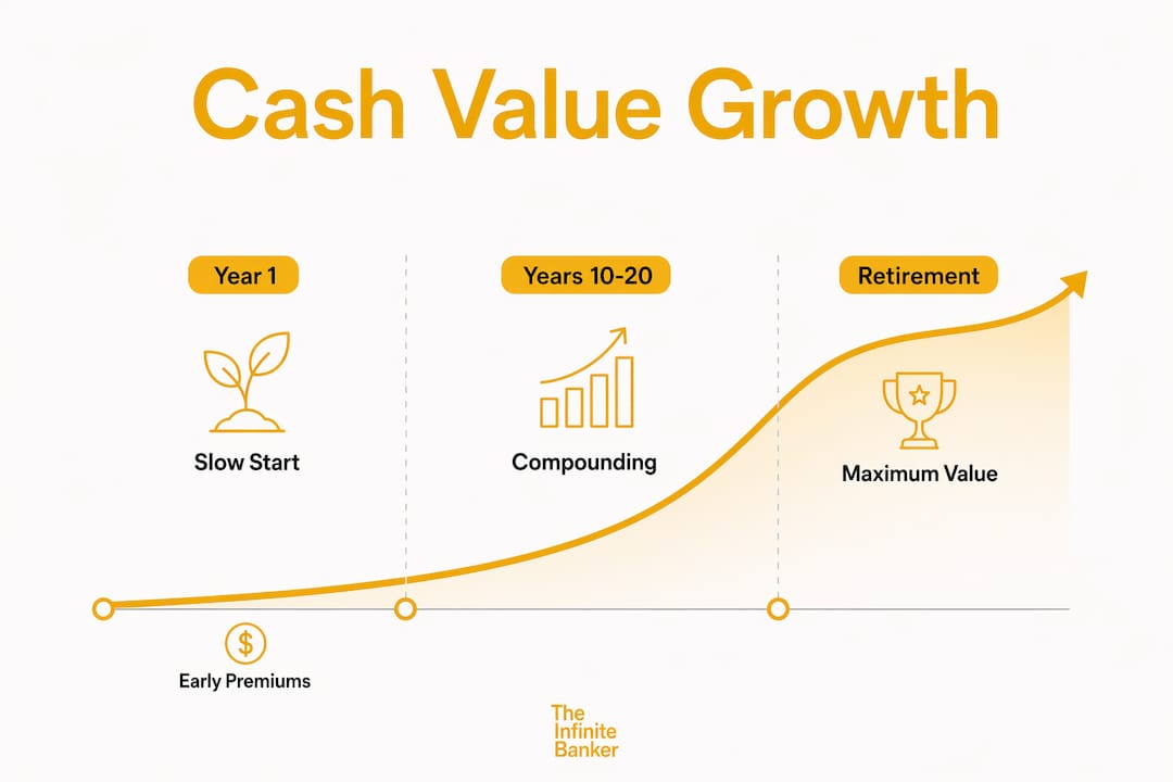 Infographic illustrating cash value growth stages
