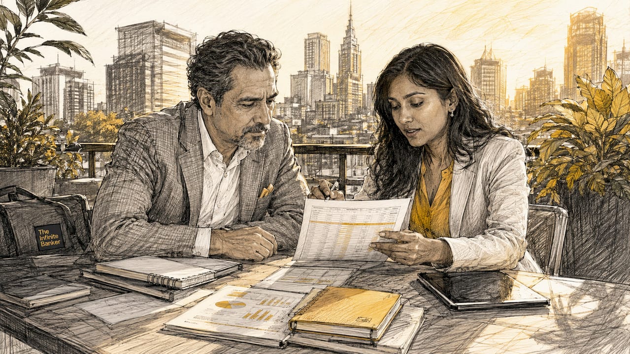 Two executives discussing corporate finance documents