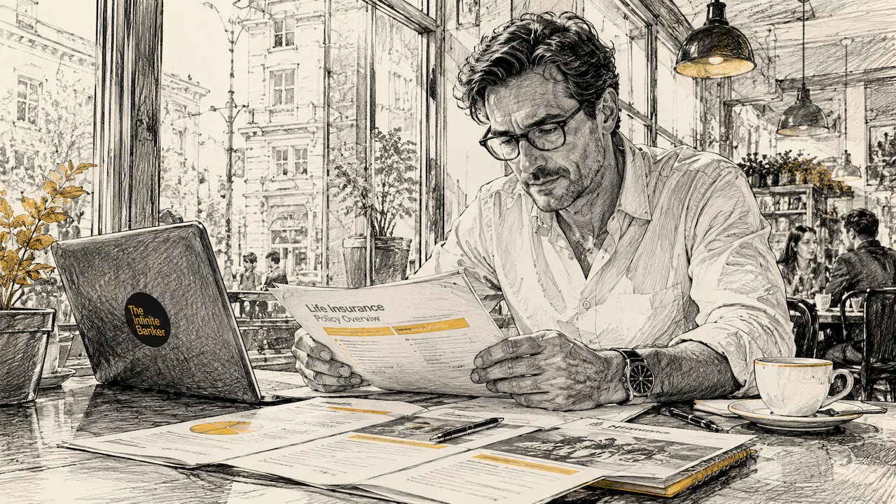 Entrepreneur reviewing life insurance documents at home office