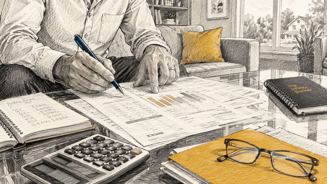 Close-up of hands comparing insurance premium costs on table