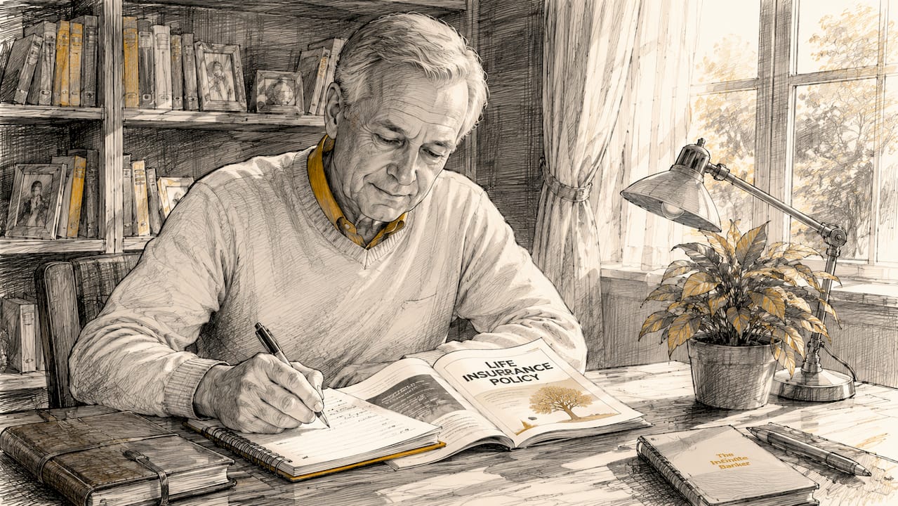 Hands writing notes beside whole life insurance documents
