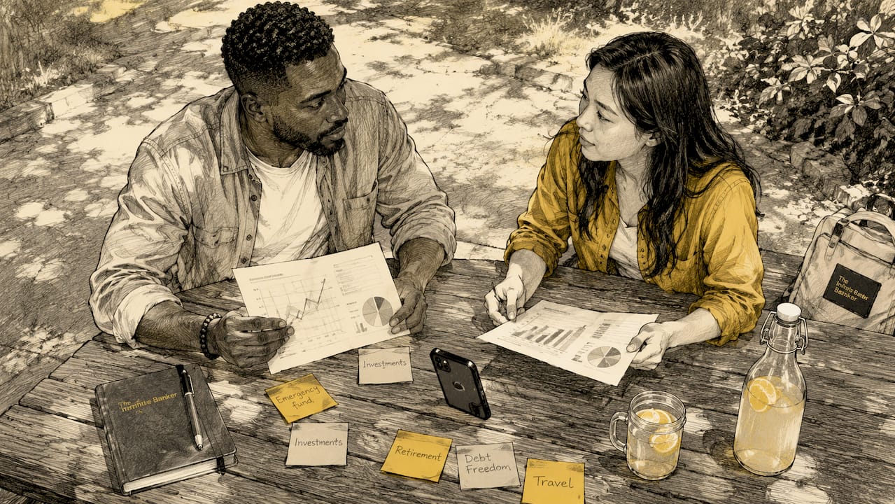 Two friends discussing financial goals at café