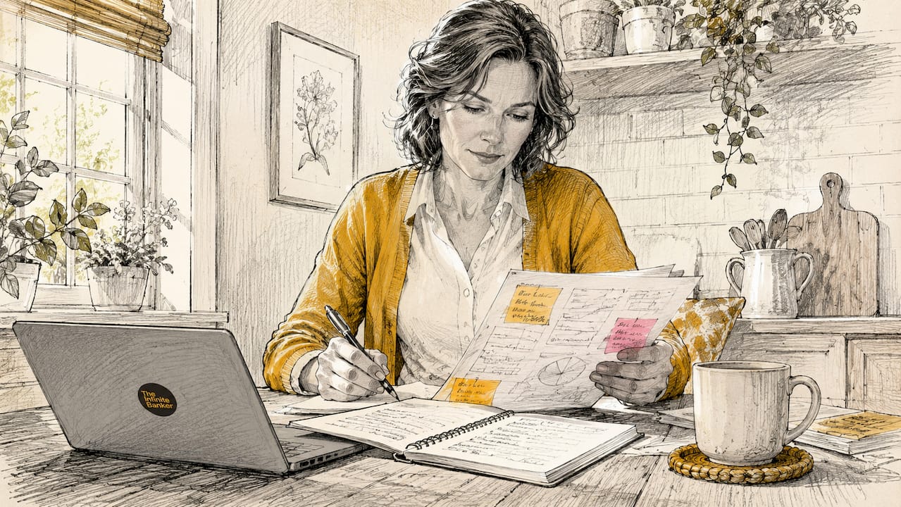 Woman reviewing financial plan at home office