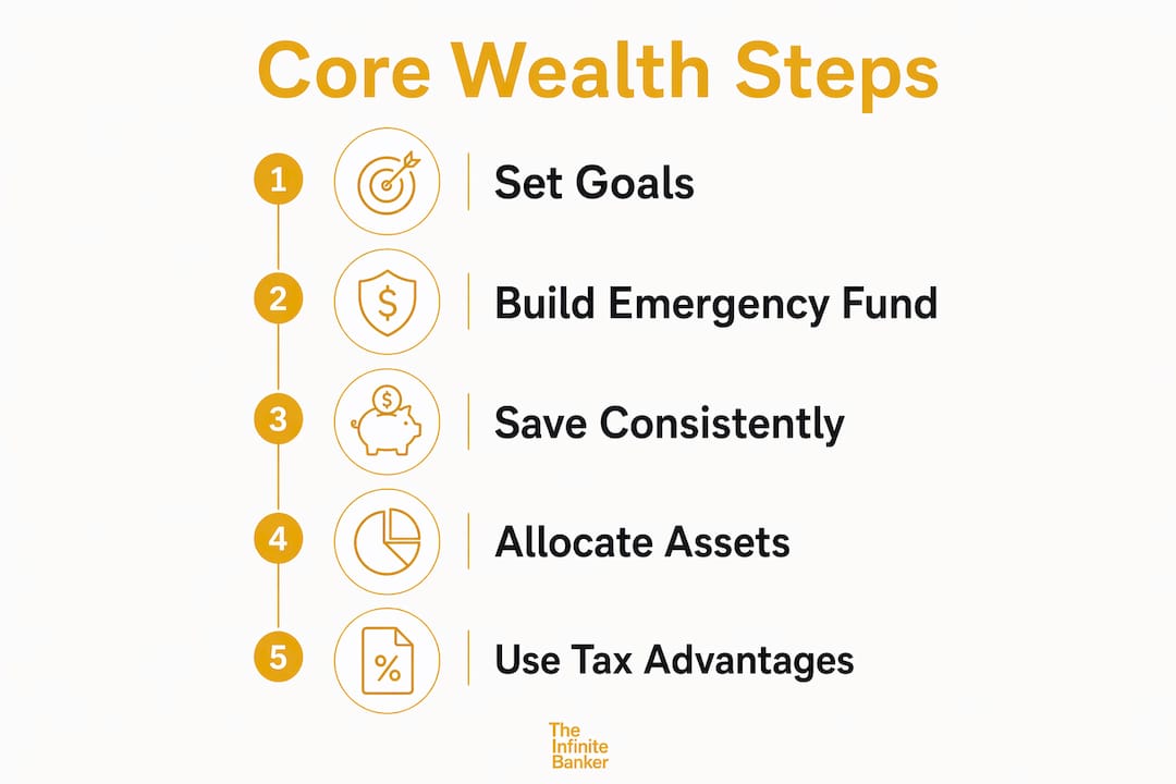 Infographic outlining core components of wealth accumulation strategy