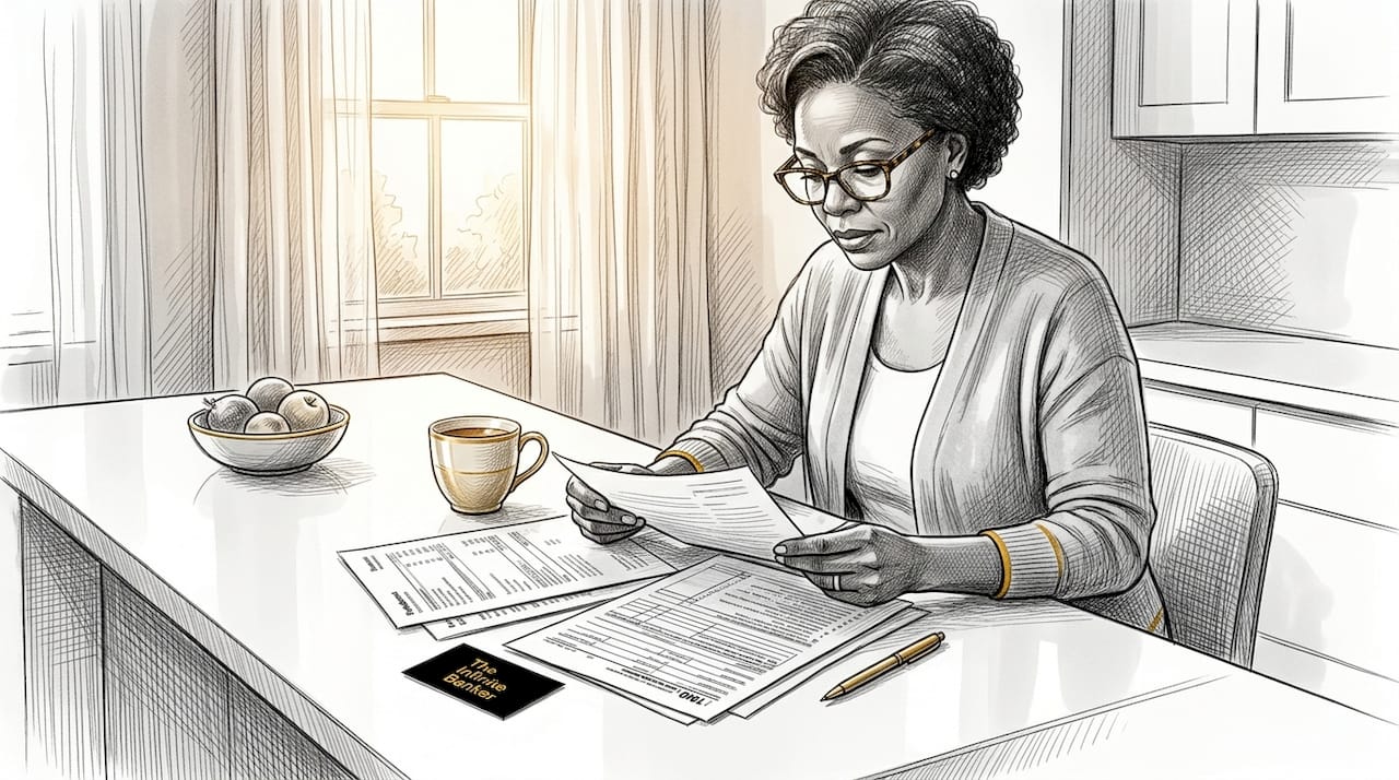 Woman reviewing financial documents at home office