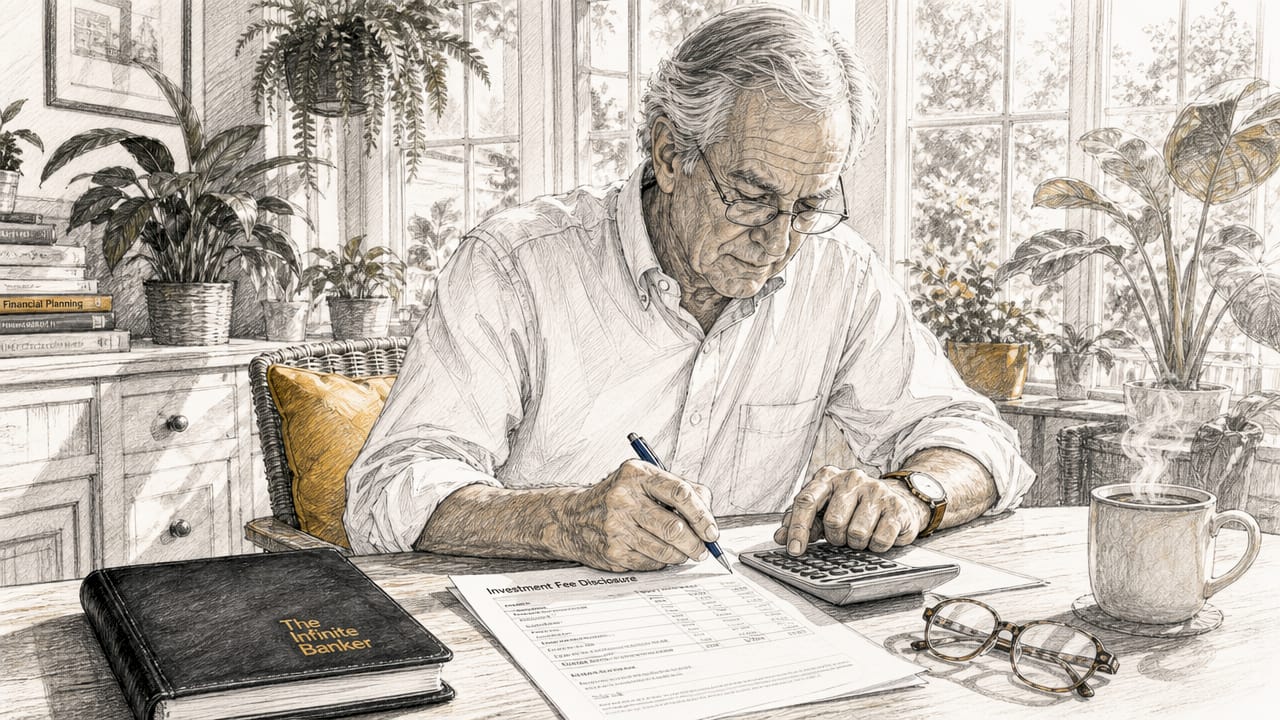 Hands calculating investment fees on paper