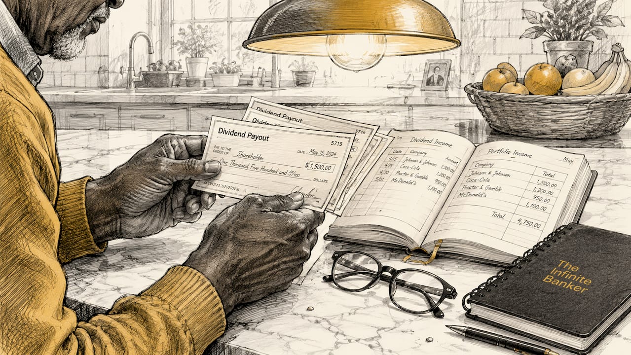 Hands holding dividend checks and financial ledger