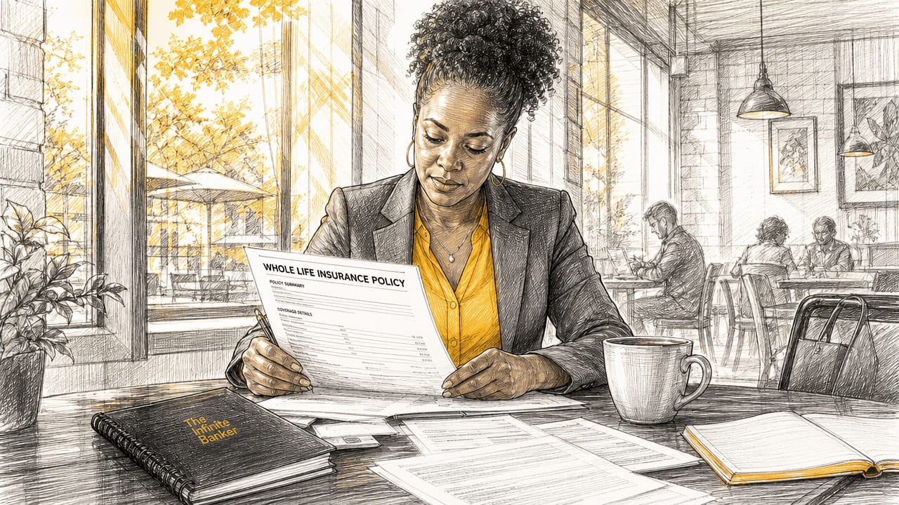Businesswoman reviewing whole life insurance policy documents