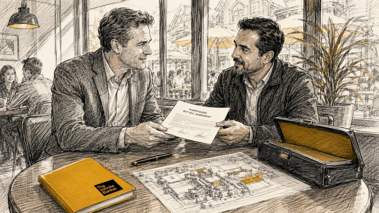 Two businessmen exchanging signed buy-sell agreement at table