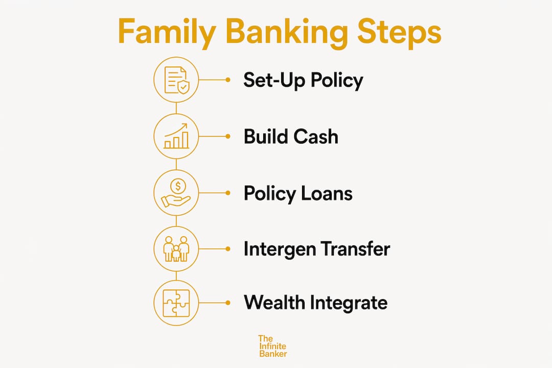 Infographic outlining family banking system steps