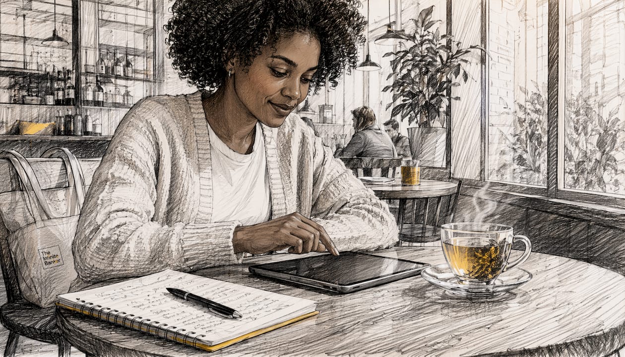 Woman using AI banking platform on tablet at home