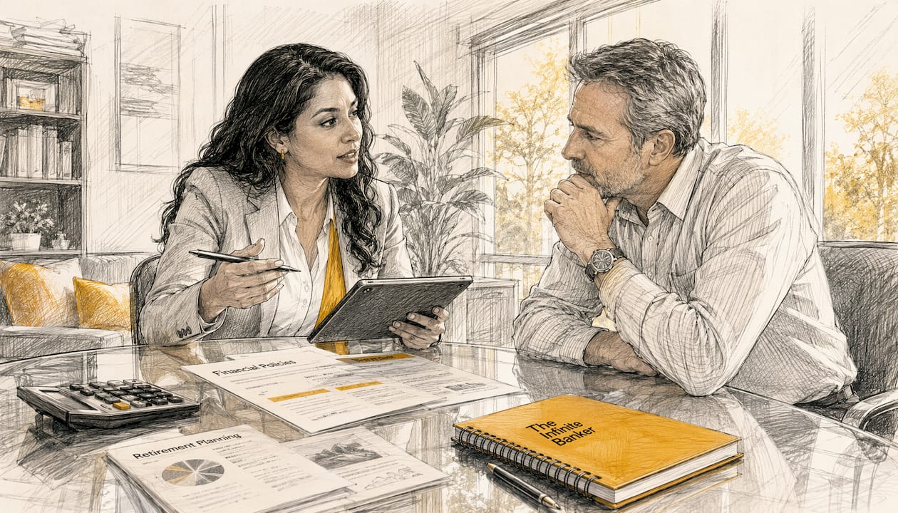 Financial advisor consulting client in bright office